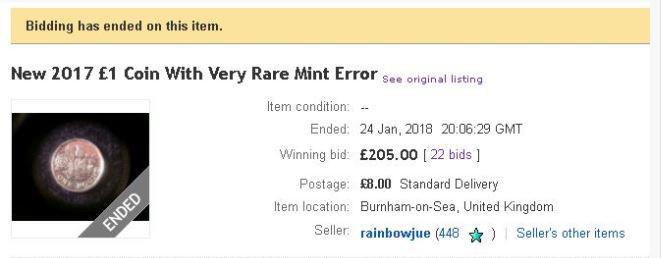 One seller has just sold one of the "error" coins for £205 on eBay