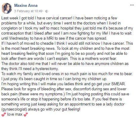 Maxine posted on Facebook urging other women to get a smear test before it is too late