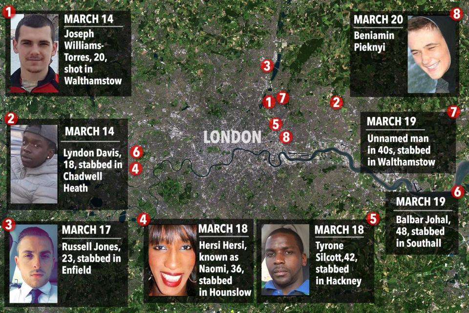 Eight people have been killed in London in just seven days, as this grisly map reveals