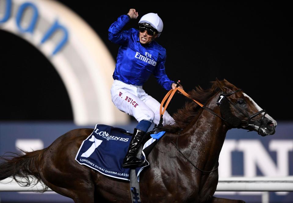  William Buick celebrates as Hawkbill wins the Dubai Sheema Classic