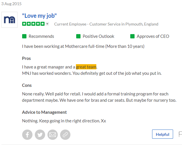  A customer service employee based in Plymouth said she works with a great team and loves her job