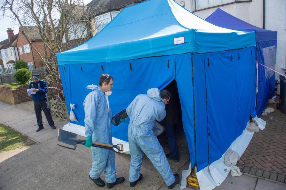  Forensic officers have been seen outside Glushkov's house today clutching a shovel