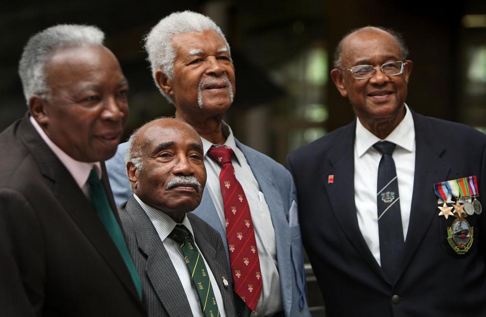  Former Windrush passengers and members of the RAF Donald Clarke, George Mason, Sam King MBE and Allan Wilmot in the Imperial War Museum on June 12, 2008