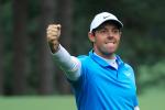 Rory mcIlroy fist pumps after a stunning eagle on the 8th hole during the third round of the Masters