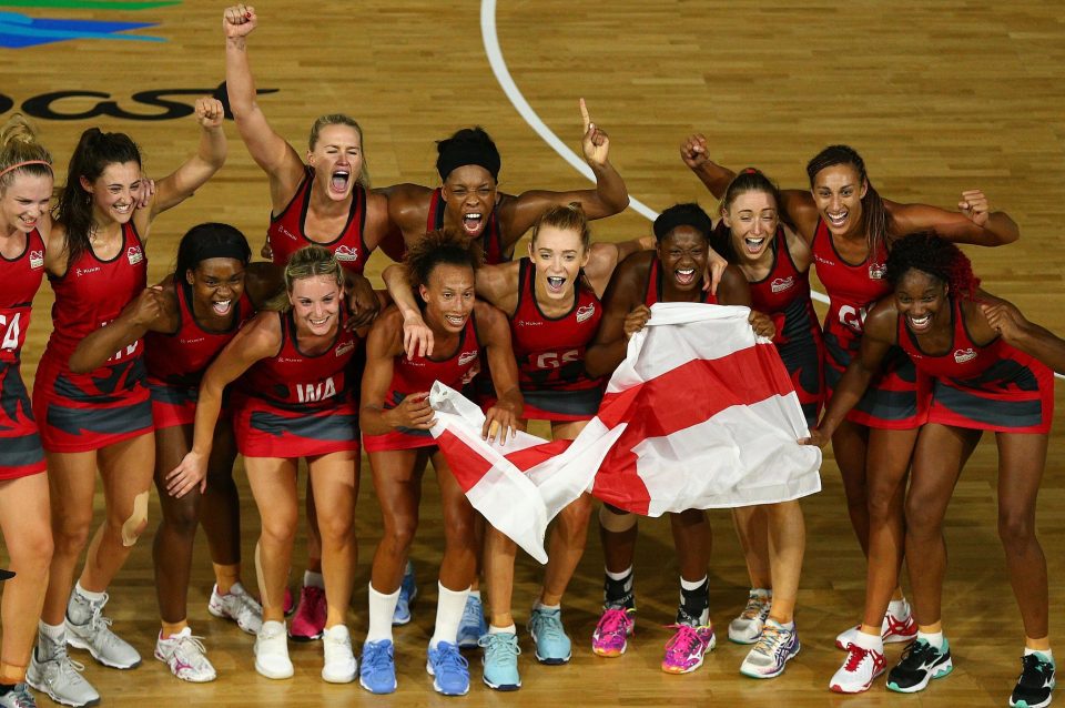  England celebrate after scooping gold at the Commonwealth Games in a historic win for the side
