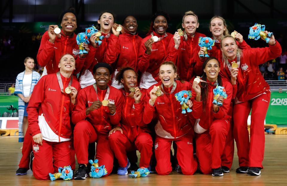  England poses with their medals after winning gold at the Commonwealth Games in Australia on Sunday