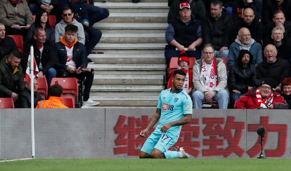 Josh King celebrates his equaliser in front of the Southampton fans