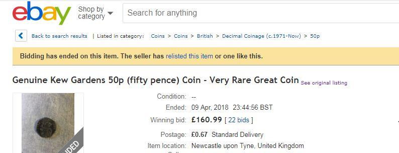  A Kew Gardens 50p coin sold for £161 in April from a seller in Newcastle