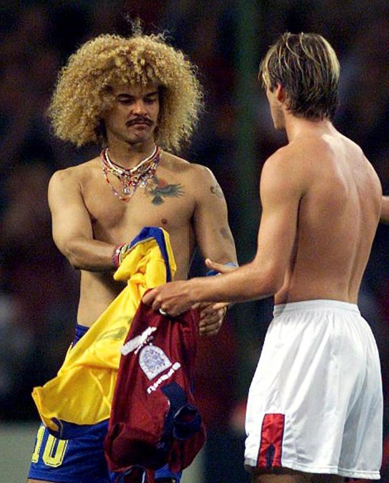 Valderrama swaps shirt with David Beckham at the 1998 World Cup after England beat Colombia 2-0