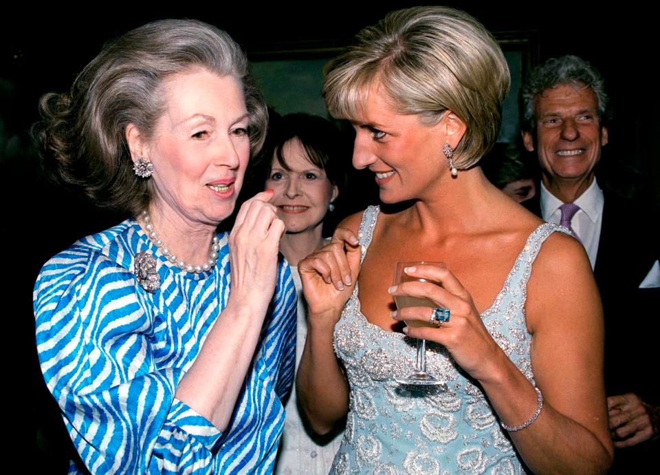  Princess Diana, pictured with her stepmother Countess Raine Spencer, wearing the ring