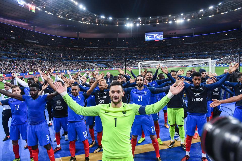  Captain Hugo Lloris leads the celebrations at France's qualification for Russia