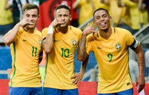 Coutinho and Jesus celebrate with Neymar, who faces race against time to be fit for Russia