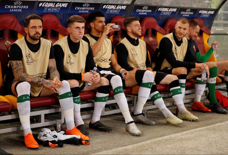 Danny Ings, Ben Woodburn, Dominic Solanke, Alberto Moreno, Ragnar Klavan and Simon Mignolet gear up for Liverpool on the bench in Roma