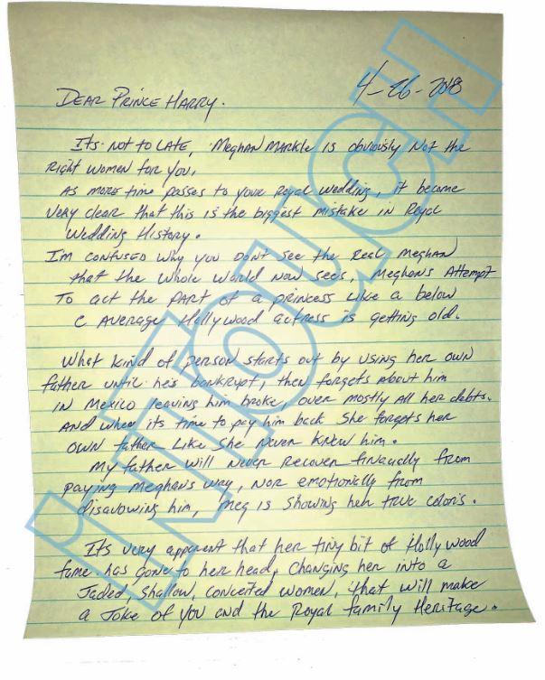 The letter was addressed to Harry, saying Meghan's 'tiny bit of Hollywood fame' had gone to her head