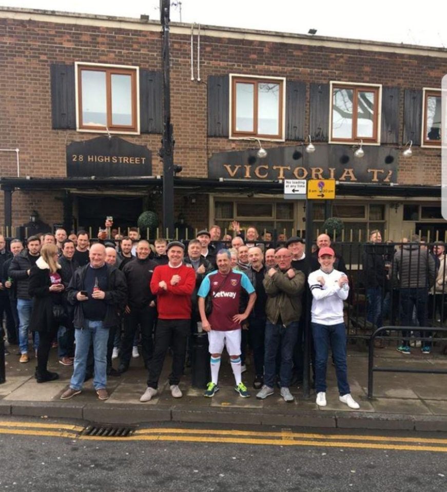  Tony with a group of supporters outside a West Ham pub in Plaistow, East London