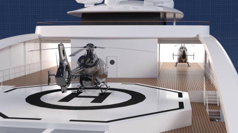 There is a helipad and helicopter hangars for guests to reach the ship easily