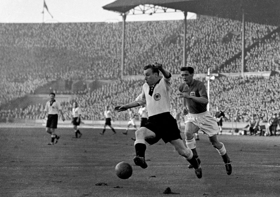  Ron Staniforth, right, playing against Germany in December 1954, was ripped apart by Uruguay in a 4-2 defeat at the 1954 tournament
