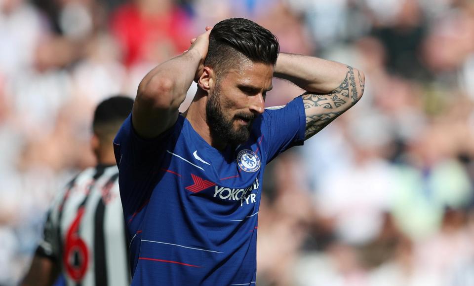 Olivier Giroud reacts to missing an audacious attempt at goal