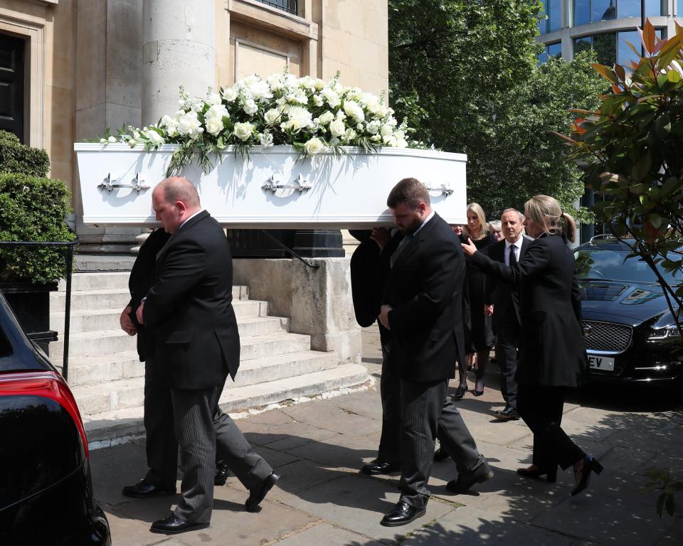 Dale Winton's coffin carried by his family and friends at 1 MaryleyboneRoad