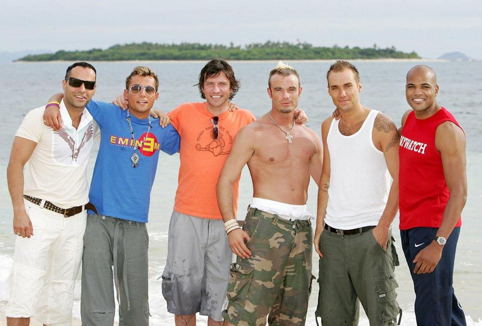 boys from the first series of Love Island in 2005 (L-R) Michael Greco, Paul Danan, Lee Sharpe, Fran Cosgrave, Calum Best and Du'aine Ladejo