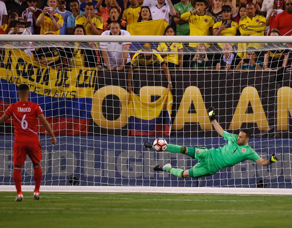 Ospina saves a spot-kick in Colombia colours against Peru in 2016
