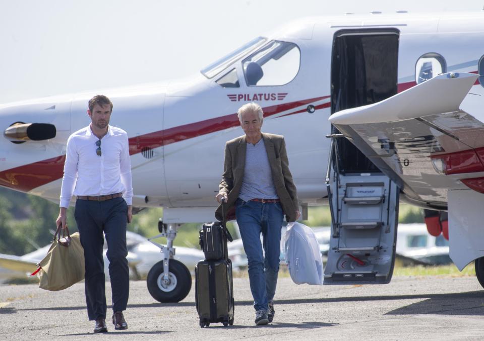  The tycoon, seen arriving at Fairoaks Airport today, has strenuously denied the allegations made against him