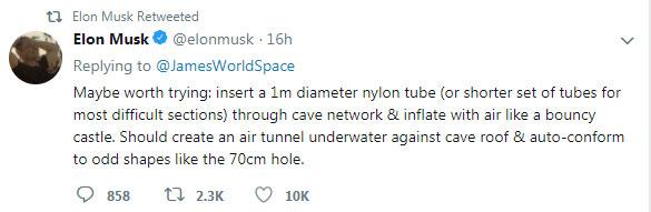 Tesla boss Elon Musk has suggested an inflatable tunnel could help the trapped boys and their coach pass through the flooded tunnels