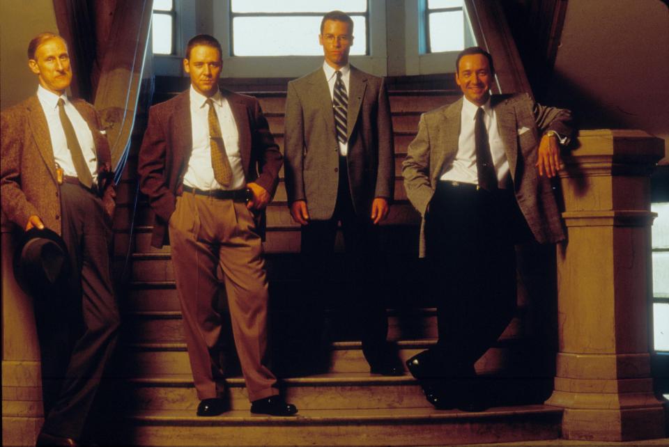  Guy Pearce, second from right, seen here with Kevin Spacey, right, on the set of LA Confidential