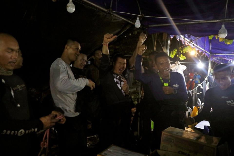 Thailand's Navy Seal celebrating as the boys are found safe and sound