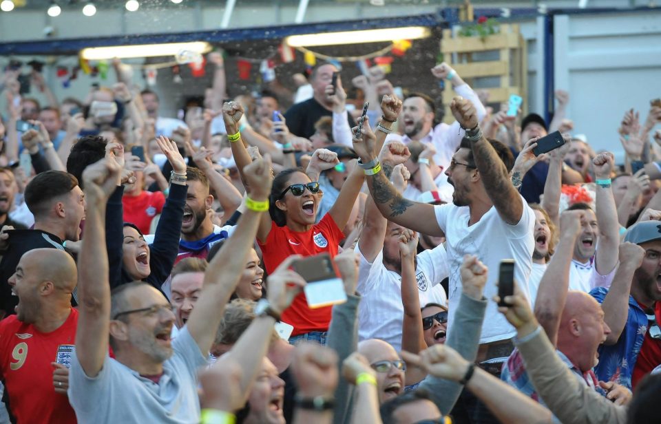 Fans in Newcastle jump with joy after England score against Colombia