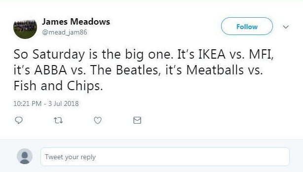  James Meadows joked that the England v Sweden clash is like meatballs v fish and chips