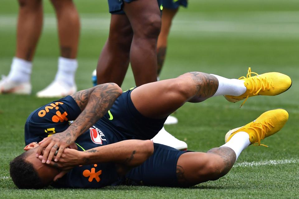 Neymar appeared to re-enact his infamous dive in Brazil training