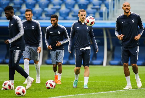 France stars Samuel Umtiti, Corentin Tolisso, Thomas Lemar, Antoine Griezmann and Steven Nzonzi train at the Saint Petersburg Stadium