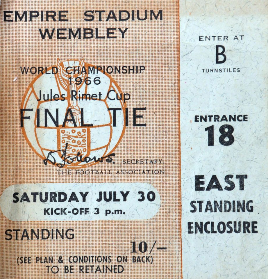  Bryan's 1966 World Cup final ticket which England won 4-2 against West Germany at Wembley