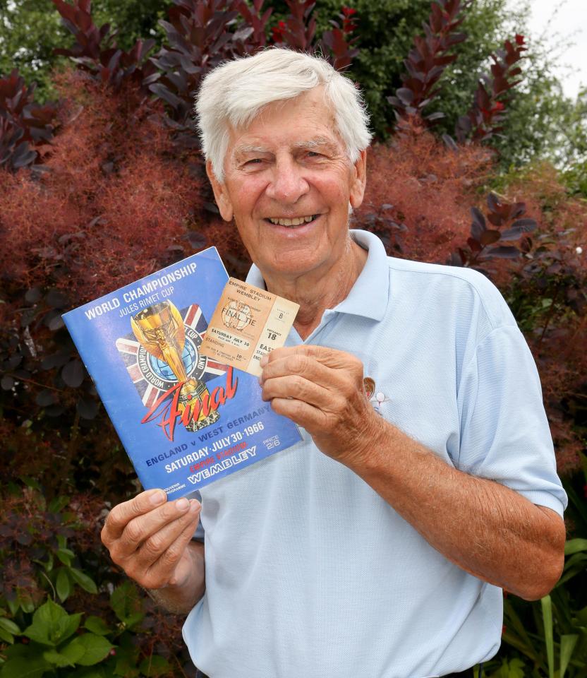  Bryan holds up the programme and ticket to the match at Wembley from 1966