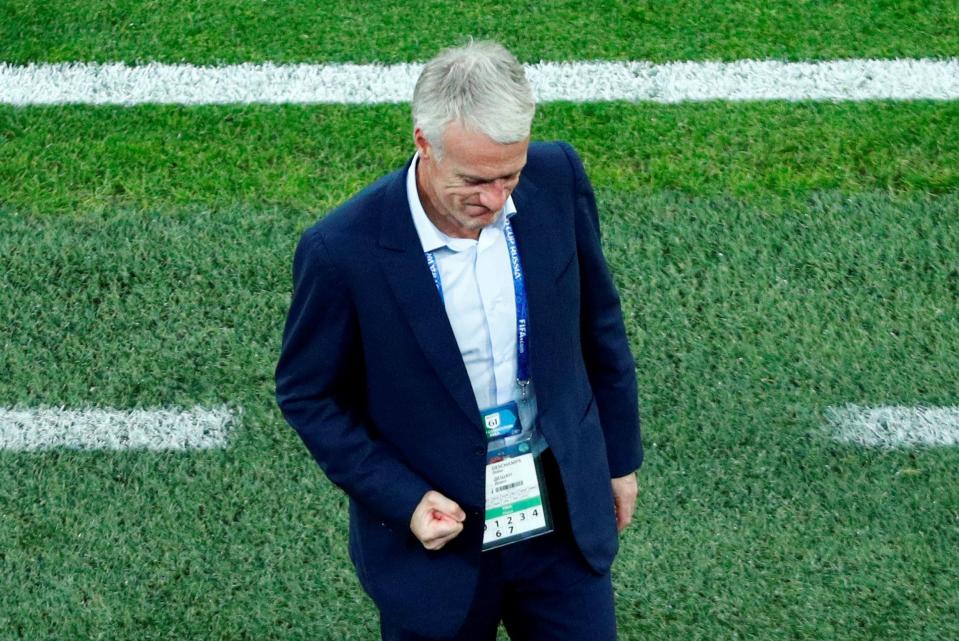 Didier Deschamps reacts to France taking the lead against Belgium