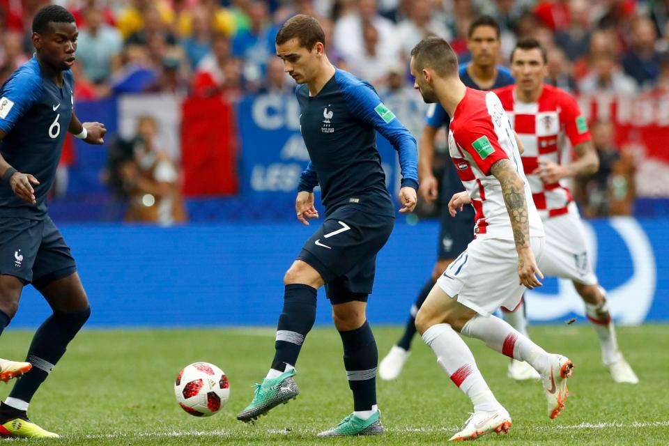 Antoine Griezmann went down under pressure from Marcelo Brozovic to win a free-kick
