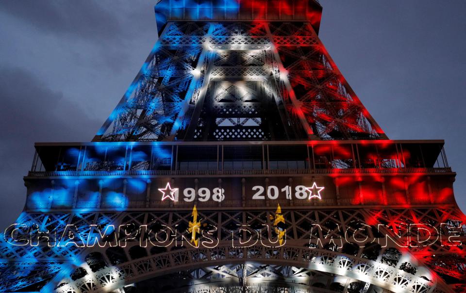 The Eiffel Tower turns blue, white and red in honour of France's second World Cup triumph