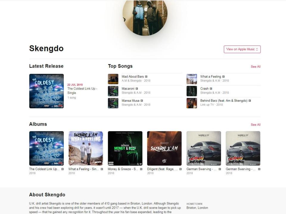 Skengdo has his own Apple music page which lists him as part of the 410 group