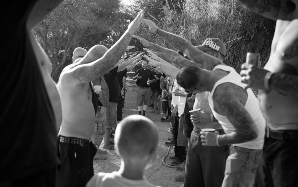 A wedding ceremony held at the annual Oi Fest, sponsored by the White Knights of America, Death Head Hooligans and the Sons of Aesir motorcycle club, Arizona