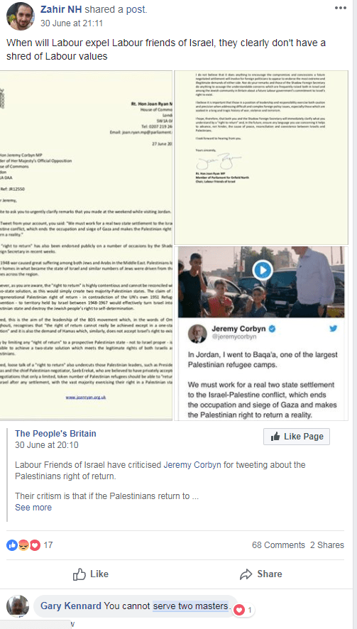  In a Jeremy Corbyn supporters group it says Jewish people are 'serving two masters'