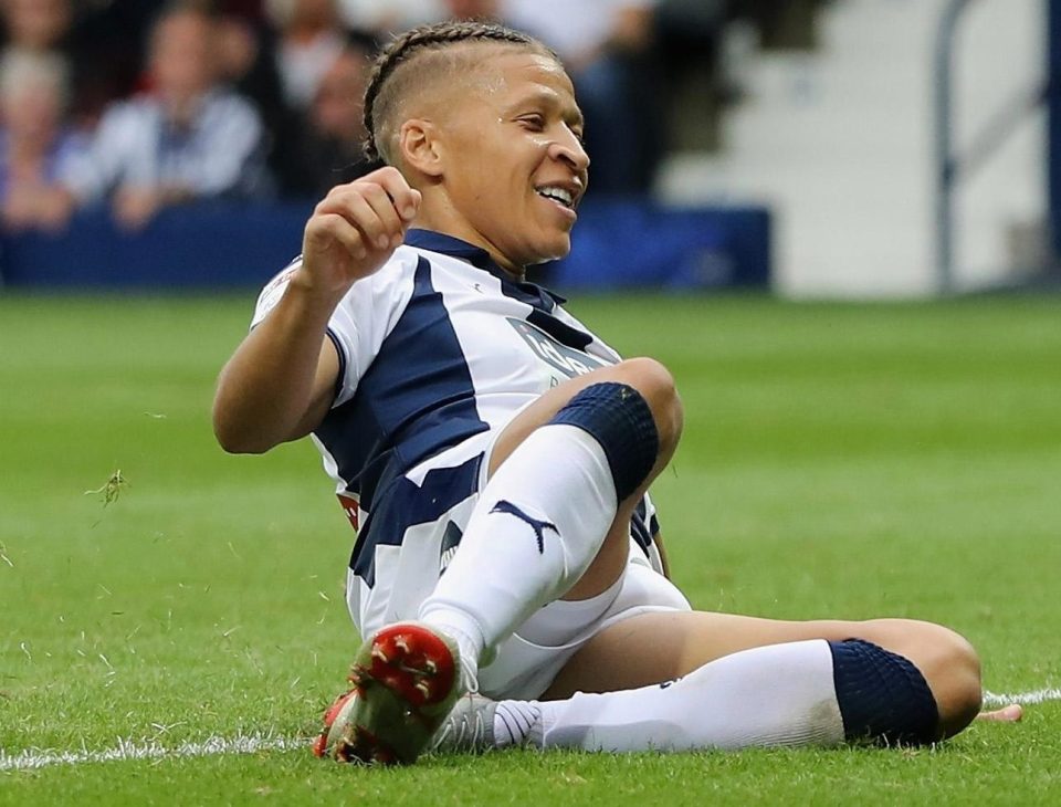 Striker Dwight Gayle celebrates his first WBA goal on loan from Newcastle