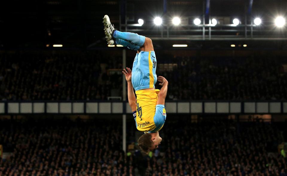 Will Vaulks head over heels after his goal at Goodison Park