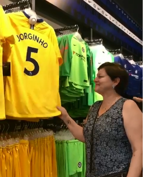  Jorginho's mother, Maria Tereza Freitas, is overcome with emotion at the sight of his name on a Chelsea shirt