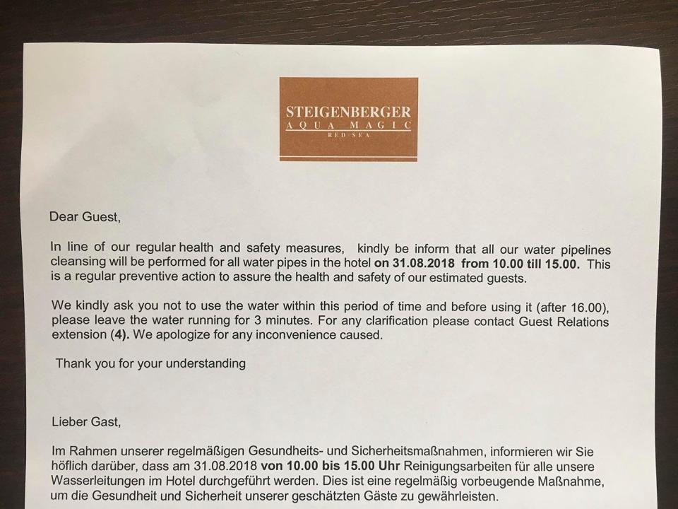 The hotel sent a letter round to guests saying they were 'cleansing all their water pipes' late last month