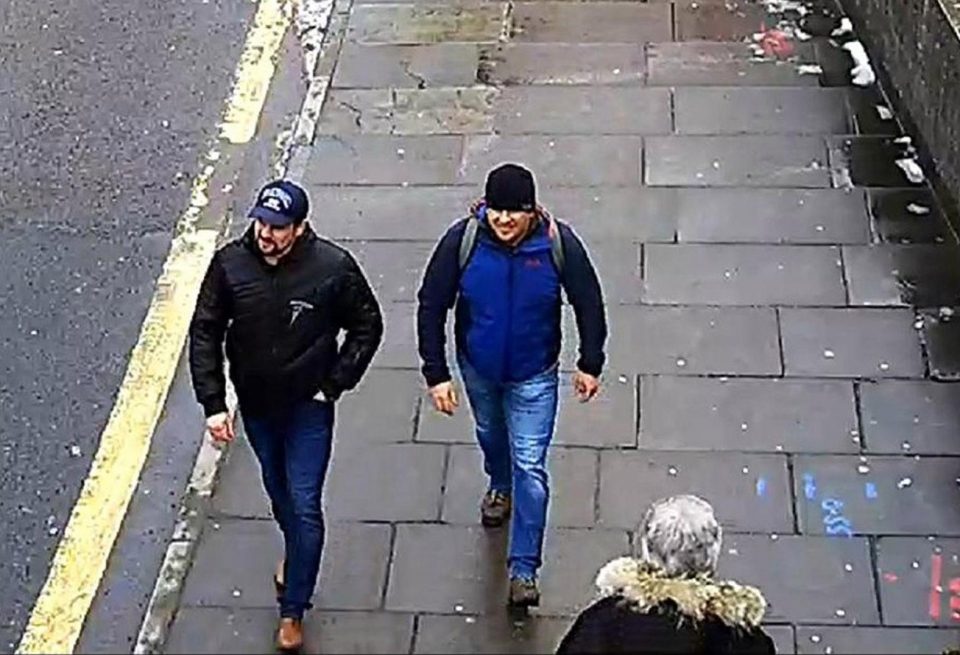 The two suspects were caught smiling as they strolled through Salisbury hours before the attack on the Skripals