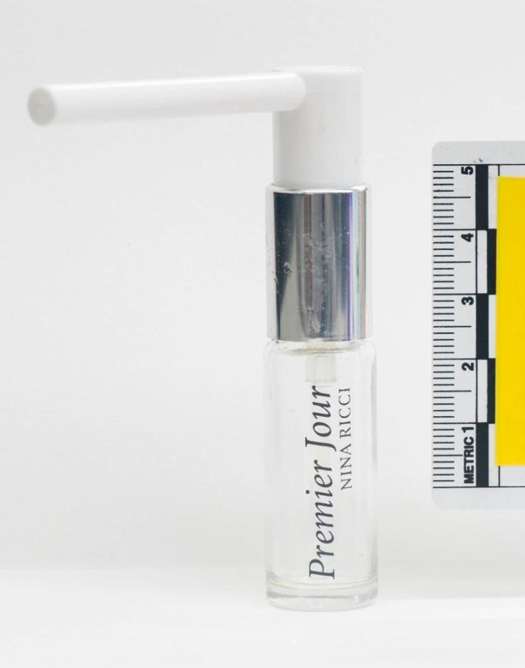 The perfume bottle and applicator recovered by police at the house of Charlie Rowley
