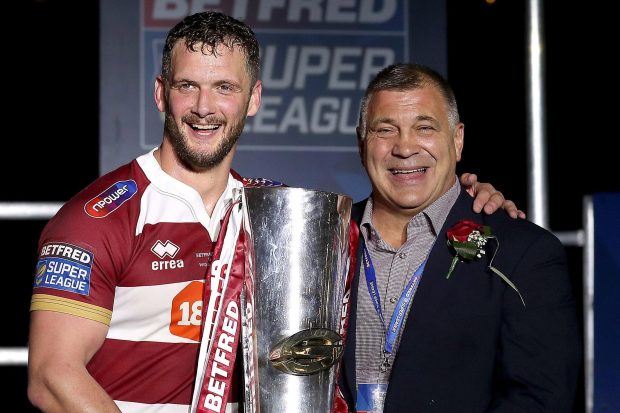 Wigan skipper Sean O'Loughlin, left, and head coach Shaun Wane celebrate Grand Final victory