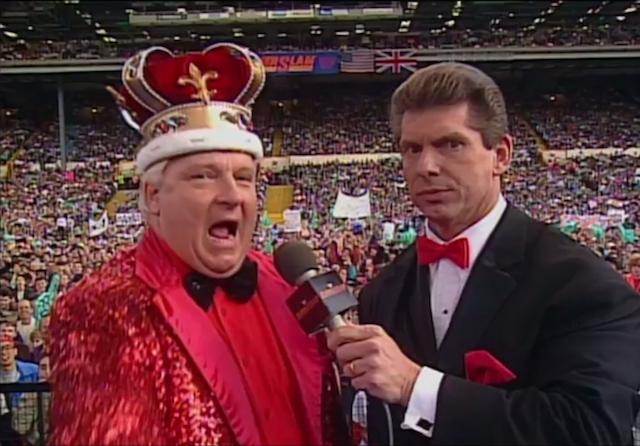 Vince McMahon, right, interviews Bobby 'The Brain' Heenan