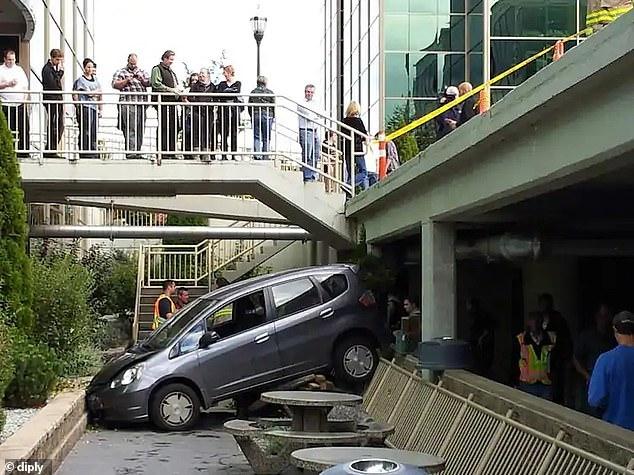  A driver made a fool of themselves after their attempt to manoeuvre saw their car fall from a bridge - a crowd of people stood and stared